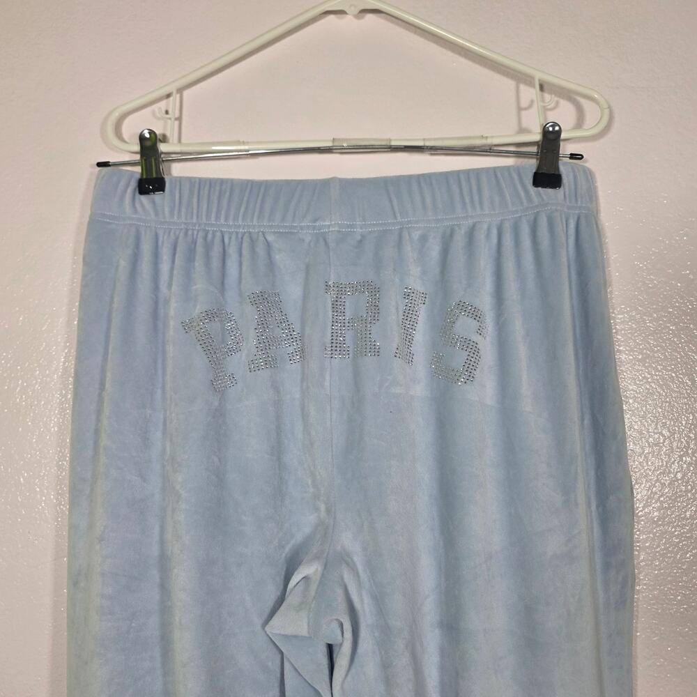 Paris Hilton Y2K Velour Rhinestone Jogger Pants Baby Blue Women’s Size L - Picture 8 of 9